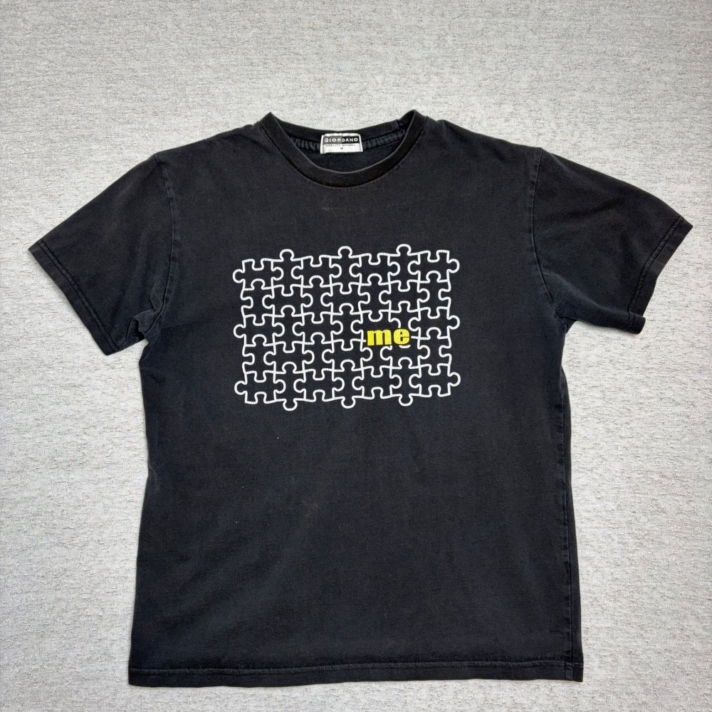 Vintage Giordano Mens‎ Tshirt Medium Black Puzzle Piece Me Crewneck Graphic Y2K